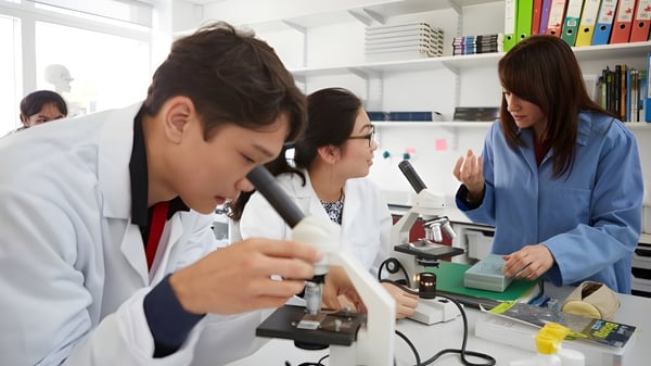Estudiantes del Abbey College Cambridge trabajan juntos en el laboratorio con microscopios e investigan muestras.