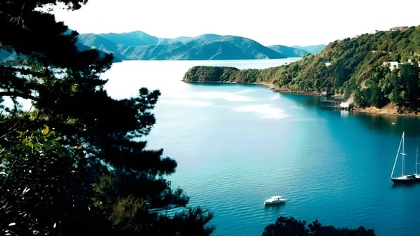 Un lago tranquilo con un pequeño bote y bosques verdes al fondo en el campus de ACG Strathallan.