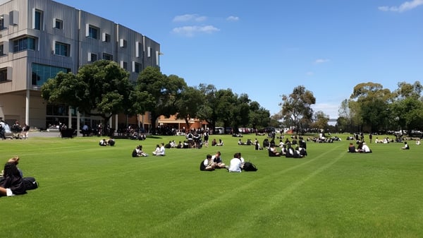 Muchos estudiantes están sentados en un prado verde frente al edificio de varios pisos de la Adelaide High School.