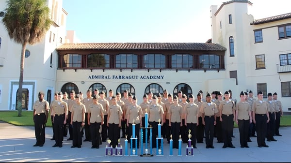 Un grupo de estudiantes está de pie frente al edificio de la Admiral Farragut Academy.