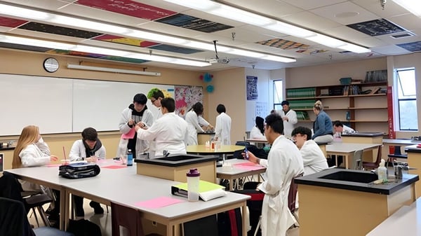 Estudiantes en batas de laboratorio trabajan en el aula de la Aldergrove Community Secondary School en diferentes estaciones.