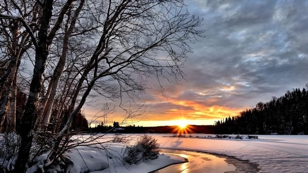 Un lago congelado con árboles sin hojas en invierno en el terreno de la Aldershot High School al atardecer.