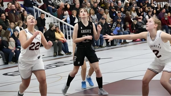 Tres estudiantes juegan baloncesto durante un partido en el campo deportivo de la Algoma Christian High School.