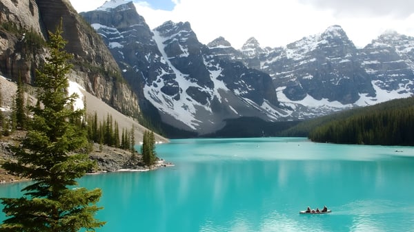Un tranquilo lago turquesa con montañas nevadas y un pequeño bote en primer plano en el terreno de la All Saints High School.