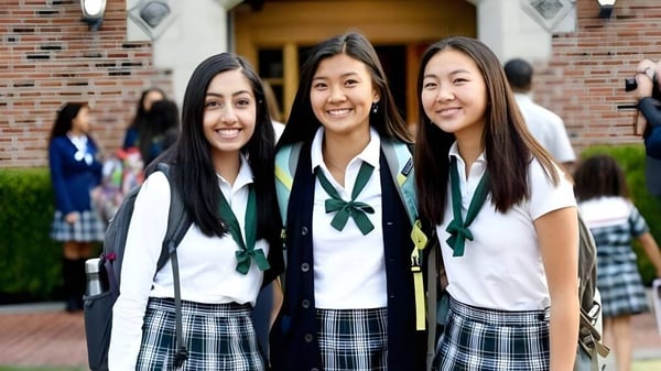 Tres estudiantes en uniformes escolares están sonriendo frente a un edificio de ladrillo de Annie Wright Schools.