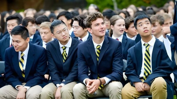 Un grupo de estudiantes de Annie Wright Schools está sentado en ropa formal en el exterior.