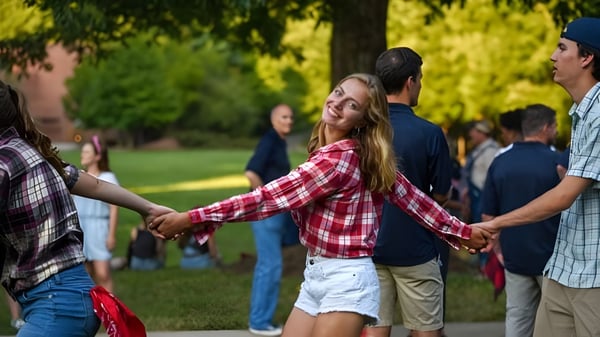 Estudiantes de la Asheville School se reúnen en el parque para una actividad grupal con árboles de fondo.