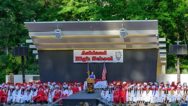Estudiantes del Ashland School District están en togas de graduación rojas frente a un escenario con un fondo de bosque.