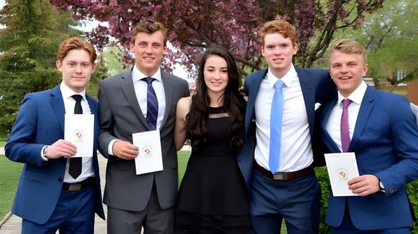 Un grupo de cinco jóvenes adultos está en el parque del campus del Athol Murray College of Notre Dame con árboles en flor de fondo.