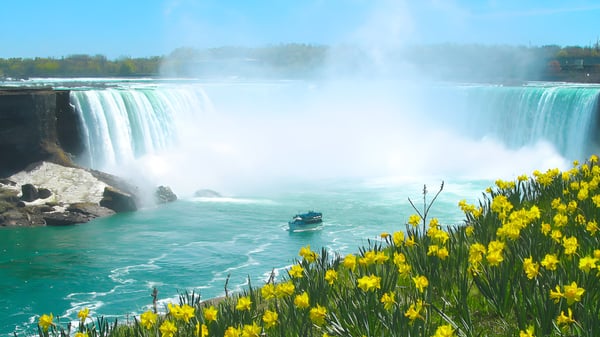 Vista de las Cataratas del Niágara con rocas y entorno verde cerca de la Bear Creek Secondary School.