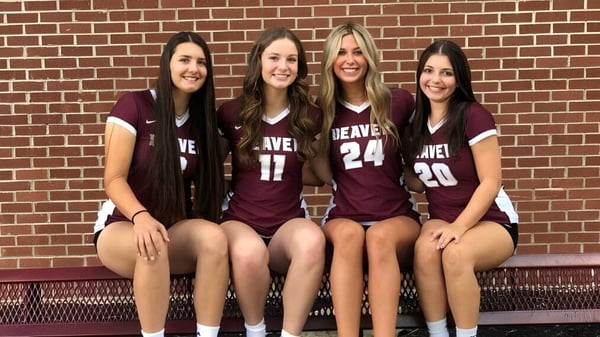 Cuatro estudiantes de la Beaver Area High School posan en uniformes con la inscripción Beavers frente a una pared de ladrillo.