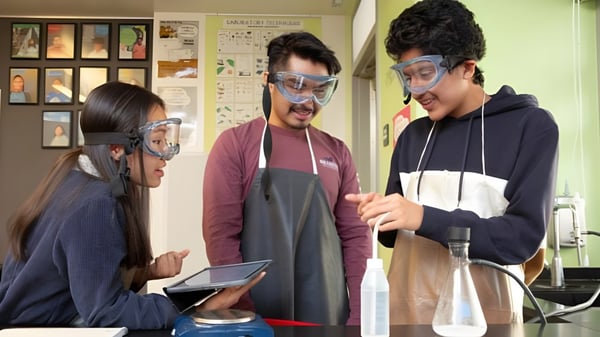 Tres estudiantes de la Beechwood Sacred Heart School llevan gafas de protección y delantales durante una discusión en el aula.