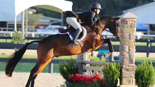 Un jinete salta con su caballo sobre un obstáculo en el terreno de la Beechwood Sacred Heart School.