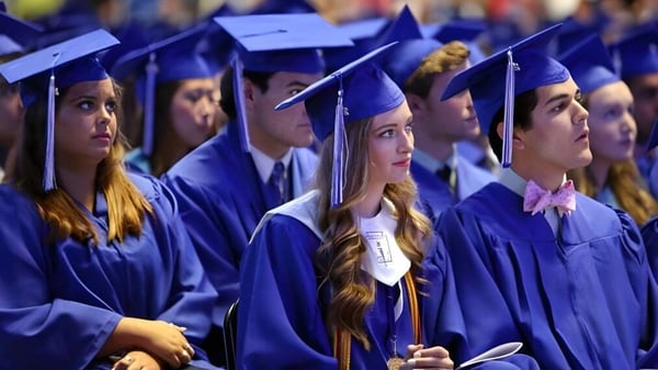 Un grupo de graduados y graduadas con togas azules están juntos en la ceremonia de graduación de la Bell High School.