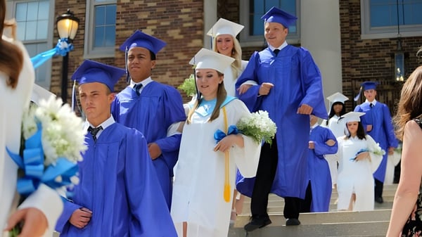 Los graduados de la Bernice McNaughton High School bajan las escaleras de un edificio de ladrillo en togas azules y llevan ramos de flores.