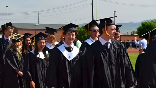 Un grupo de graduadas y graduados de la Bishop Kelly High School están de pie en toga de graduación negra en un campo frente a un edificio y montañas.
