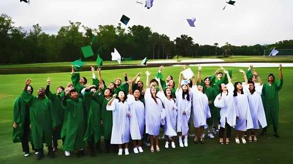 Graduados y graduadas de la Bishop’s Gate Golf Academy están de pie en un prado levantando sus birretes de graduación.