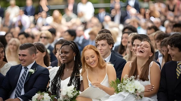 Un grupo de estudiantes de la Blair Academy se reúne en una fiesta con ramos de flores.