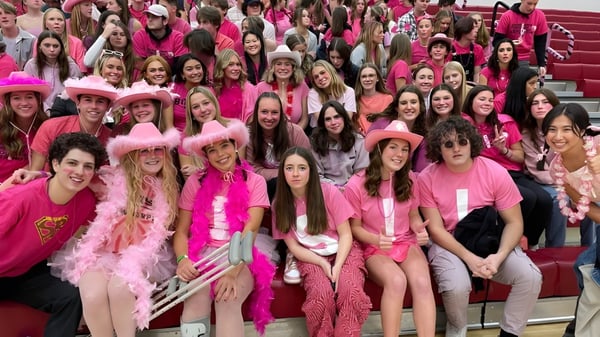 Un gran grupo de jóvenes mujeres está sentada en la tribuna del Boise School District y lleva diferentes prendas y accesorios de color rosa.