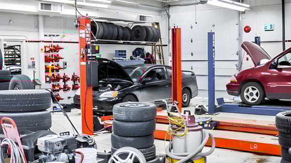 En el taller de autos de la Brocklehurst Secondary School se realiza mantenimiento a un coche rojo.