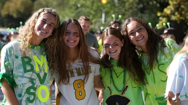 Un grupo de alumnas de The Bryn Mawr School está al aire libre frente a árboles y áreas verdes.