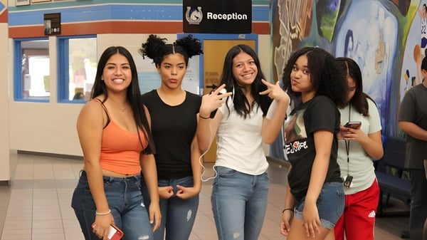 Cuatro estudiantes posan juntas en la entrada de la Buena High School.