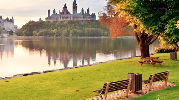 El castillo se refleja en el tranquilo lago en el terreno de la Cairine Wilson Secondary School.