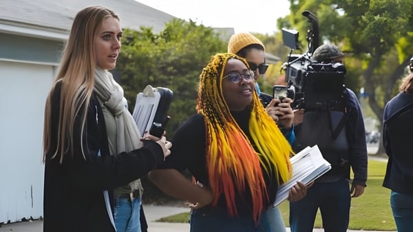 Dos estudiantes de la California State University Long Beach están juntas frente a un edificio en el exterior.