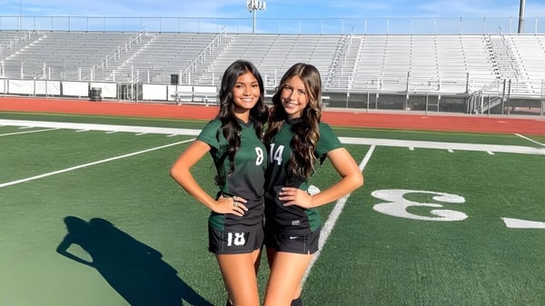 Dos alumnas de la Campo Verde High School están en el campo de césped artificial verde frente a la tribuna.