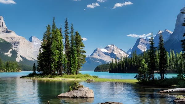 Un tranquilo lago alpino con montañas cubiertas de nieve y bosques perennes se puede ver frente a Canterbury High School.