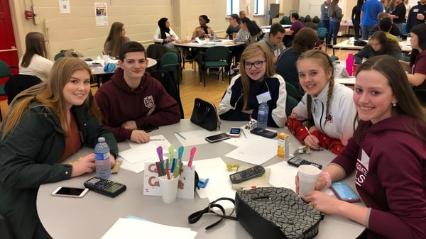 Un grupo de alumnos de la Carbonear Collegiate High School trabaja juntos en una mesa en un entorno escolar.