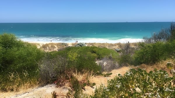 Paisaje costero natural con mar turquesa y una zona de vegetación cerca de la Centenary Heights State High School.