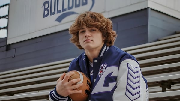 Un estudiante de la Centerville Senior High School sostiene un balón de fútbol americano frente a un edificio con la inscripción Bulldogs.