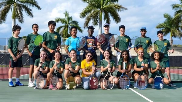 Un grupo de estudiantes posan juntos en la cancha de tenis de la Central Christian School bajo un cielo azul y rodeados de palmeras.