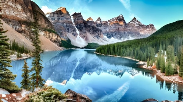 Un tranquilo lago alpino con montañas cubiertas de nieve y un bosque verde se puede ver cerca de la Chatelech Secondary School.