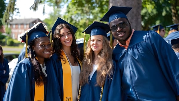 Un grupo de egresadas y egresados de la Cheshire Academy en togas azules está juntos en un parque con árboles y edificios de fondo.