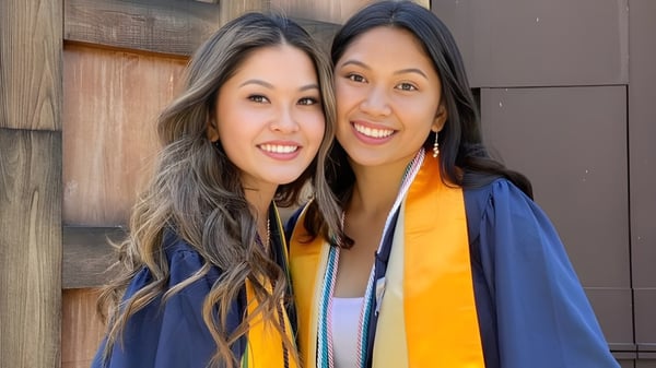 Dos estudiantes del Chino Valley Unified School District están frente a una construcción de madera y llevan coloridos trajes de graduación.