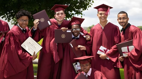 Las graduadas y graduados de la Church Farm School están juntos al aire libre sosteniendo sus diplomas.