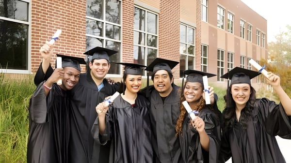 Un grupo de graduadas y graduados de la Coláiste Éamann Rís se encuentra frente a un edificio de ladrillo en un campo verde.