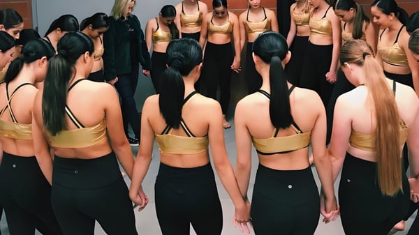 Un grupo de jóvenes mujeres en ropa deportiva negra y dorada está en el campus de la Coláiste Naomh Cormac en un estudio de danza.