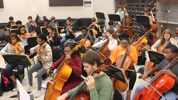 Un gran grupo de estudiantes del Columba College toca instrumentos de cuerda juntos en una sala de conciertos.