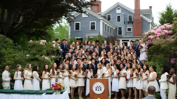 Un grupo de estudiantes en vestidos blancos está frente a una casa histórica en el campus de la Concord Academy.