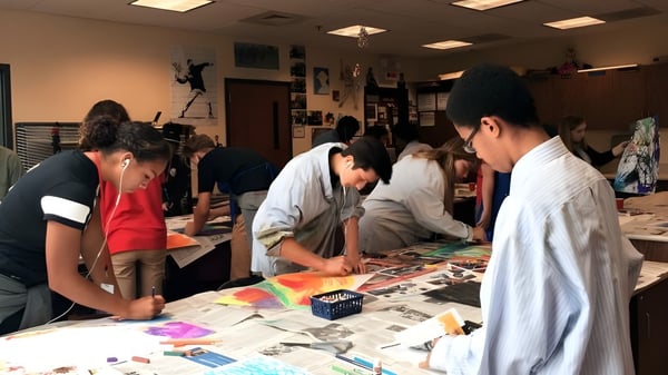 Un grupo de estudiantes trabaja juntos en un proyecto artístico en el taller de la Connecticut IB Academy.