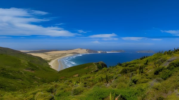 Un panorama de paisaje verde y montañoso con vista al mar frente al Cromwell College.