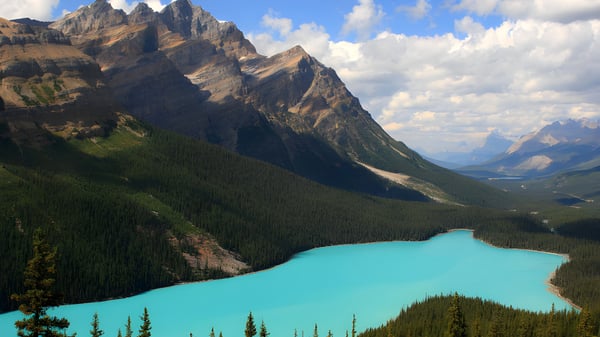Vista de un lago turquesa con un valle boscoso y altas montañas al fondo.