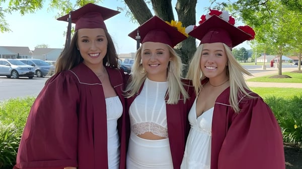 Tres graduadas de la Danville Community High School posan riendo al aire libre frente a un edificio escolar.