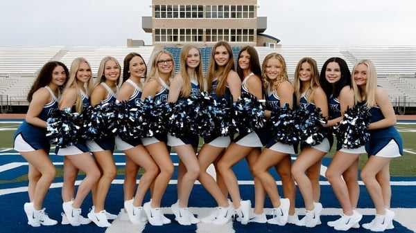 Un grupo de animadoras en uniformes uniformes posan en un campo deportivo en las instalaciones de Deer Valley Unified.