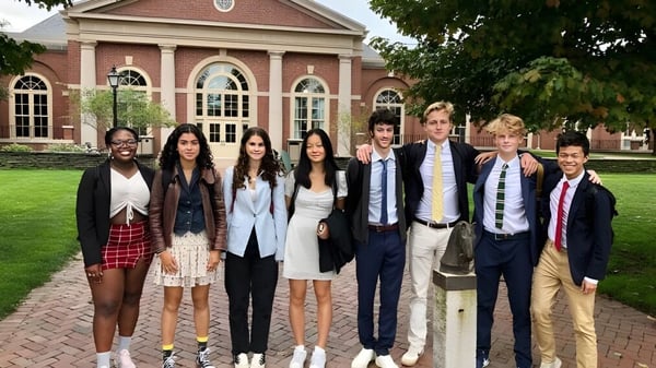 Un grupo de estudiantes está frente al edificio histórico de la Deerfield Academy rodeado de un paisaje verde.