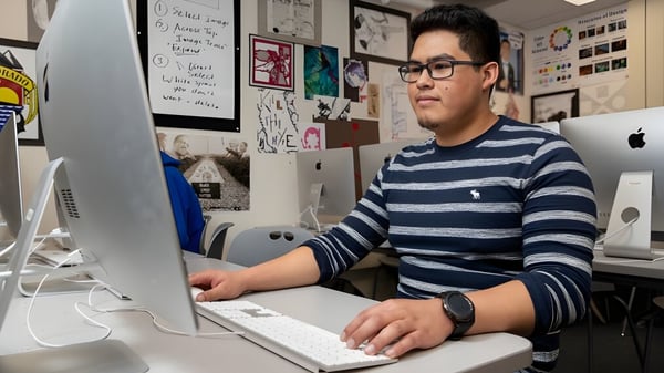 Un estudiante del Denver Public School District está sentado concentrado frente a una computadora en una sala con diversas obras de arte.