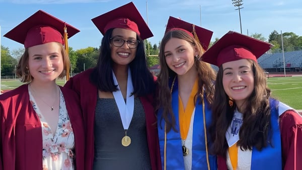 Cuatro graduadas de la Dexter High School posan al aire libre frente a un campo deportivo y un estadio en un día soleado.